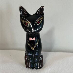 Handmade Wooden Black Cat Figurine. Hand painted. Made in Thailand 🐈‍⬛